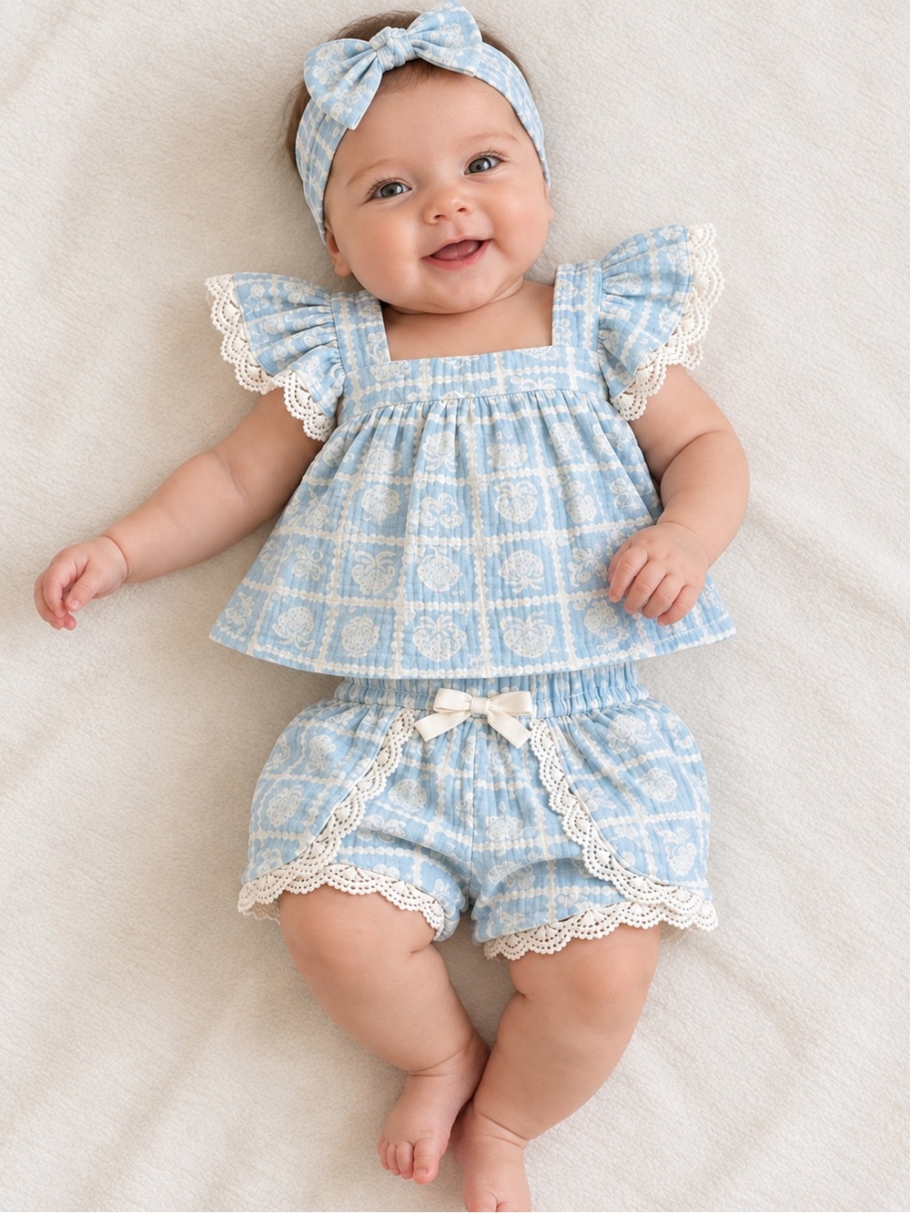 NWT Rabbit + Bear Organic Cotton 3-Piece Gauze Top, Shorts & Headband Set, 0-3 m